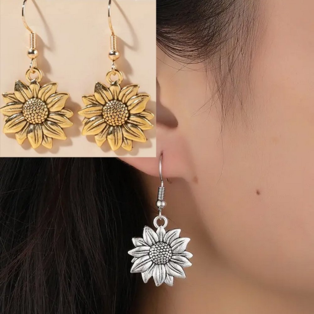 Sunflower Dangle Earrings In Silver or Gold